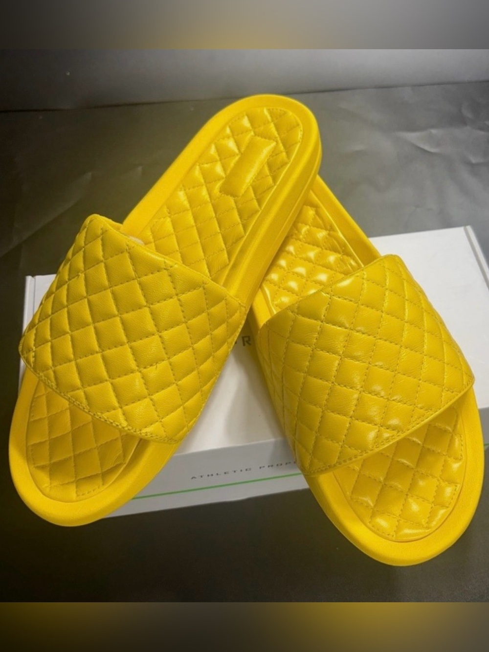 $500 APL AUTHENTIC Men’s Lusso Mango Racing Yellow Napa Leather Sliders Sandals